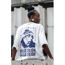 Sevbano Tasarım Billie Eilish Şarkıcı Sırt Baskılı Unisex Oversize Tişört Beyaz