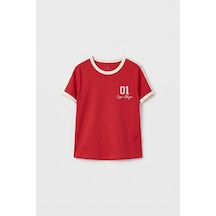 Fiesta Omuz Biye Detaylı Baskılı Kız Çocuk T-shirt - 75181 Kırmızı