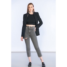 Kirli Mavi Yüksek Bel Lazer Detaylı Mom Jeans - Kirli Mavi