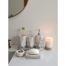Mermer Desenli Beton Banyo Seti,sıvı Sabunluk ,diş Fırçalığı,kulak Çubukluğu,katı Sabunluk Ve Mumluk Gri