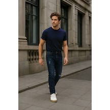Blue White Erkek Dizi Yırtık Slim Fit Boya Detay Jean Pantolon Lacivert 36