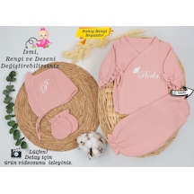 Gros Shop Yeni Doğan Müslin 4'lü Kimono Bağcıklı Tulum %100 Pamuk Organik Pembe