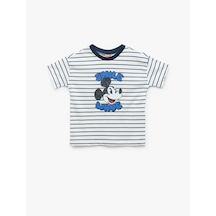 Koton Kısa Kollu Bisiklet Yaka Pamuklu Çizgili Lisanslı Mickey Mouse Tişört Ekru Çizgili 5smb10260tk Ekru Çizgili