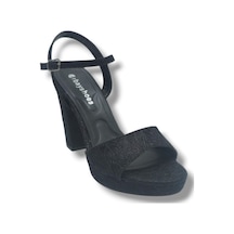Erbay 321-26 Simli İşlemeli Saten Tek Bant Kalın Topuk Kadın Sandalet 11cm Siyah