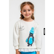 Xo Kids %100 Pamuklu Penguen Baskılı Uzun Kollu Kız Çocuk Bisklet Yakalı Sweatshirt 1-5 Yaş 875 Turkuaz