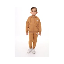 Toontoy Kids Toontoy Erkek Çocuk 2'li Takım Nakış Baskılı Kapüşonlu Fermuarlı Cepli Sweatshirt & Beli Paçası Lastikli Cepli Jogger Eşofman Altı - 3 İplik Şardonlu Kahverengi