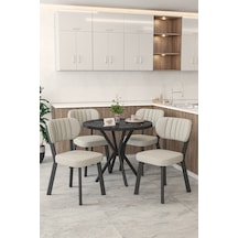 Gnr 90cm Sabit Siyah Mutfak Masası Takımı, Yemek Masası, 4 Modern Krem Sandalye Krem