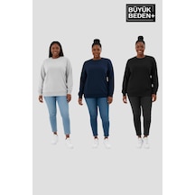 Süperlife Kadın Büyük Beden İkili Bisiklet Yaka 3'lü Set -rahat Kalıp İnce Sweatshirt Spr26bsw956+3 Siyah