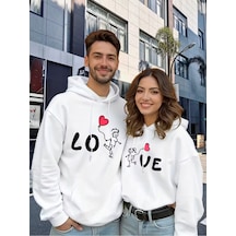 Nevermind Sevgili Çift Kombini Love Baskılı Kapüşonlu Sweatshirt 2li Set Ta Beyaz