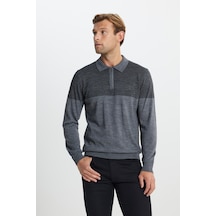 Ac&Co / Altınyıldız Classics Erkek Grı Melanj Yün Standart Fit Normal Kesim Polo Yaka Çizgili Triko Kazak Grı Melanj Gri Melanj