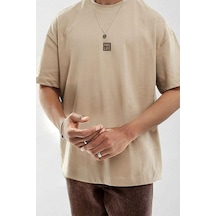 Free Life Oversize Bej Baskılı T-shirt - Bisiklet Yaka Kısa Kol Rahat Kalıp Tişört Bej