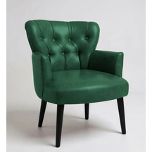 Waterybrook Tekli Berjer Koltuk - Kapitoneli Suni Deri - Siyah Ahşap Ayaklı - Retro Modern Tasarım Yeşil