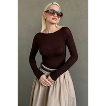 Kahverengi Kayık Yaka Transparan Kadın Bluz Mg2663 Kahverengi