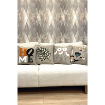 4 Lü Dekoratif Kırlent Kılıfı Seti Home Çiçek Papatya Yaprak Modern Boho Bej Bej