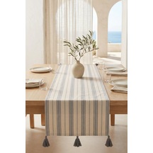 Gri Şerit Desenli Püsküllü Pamuk Runner Masa Örtüsü 40x110 Cm Gri