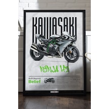 Kawasaki Ninja H2 Siyah Ahşap Çerçeveli Poster, Dekoratif Motosiklet Duvar Tablosu