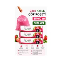 Orta Boy 55x60 Çilek Kokulu Büzgülü Çöp Poşeti 30 Adet 3 Paket Çöp Torbası 40 Litre