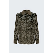 Sateen Nakış Görünümlü Süet Gömlek - Haki-138128