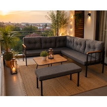 Riva Metal Bahçe Balkon Köşe Takımı Siyah Boyalı İskelet Keten Kumaş Süngerli 180x120 Cm Antrasit