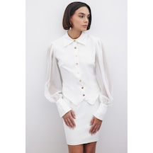 Sateen Şifon Kol Gömlek - Ekru-135201 Ekru