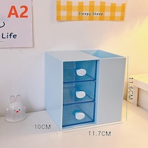 Masaüstü Kalemlik Organizer 7 Bölmeli Kawaii Kapaklı Mini Çekmeceli Kalemlik - Mavi Mavi