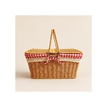 Kırmızı Ekoseli Piknik Sepeti, 39x27x18 Cm Boyutlarında Taşıma İçin Uygun Açık kahverengi