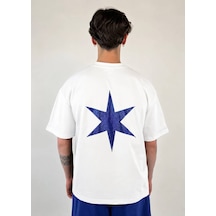 Zaee 2m Motive Taşlı Oversize T-shirt Beyaz / Mavi