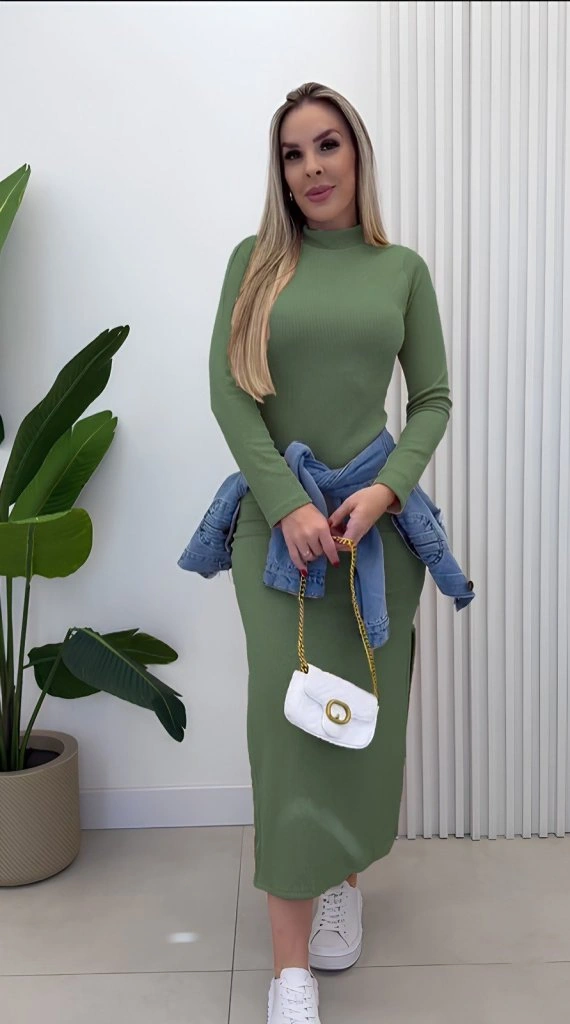 Kadın Uzun Kollu Balıkçı Yakalı Yanlardan Yırtmaçlı Kaşkorse Maxi Elbise Yeşil