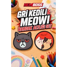 Kemboss Gri Kedi Ve Meowi Kedi Bardak Altlığı Seti 4'lü - Pvc Kaydırmaz Bardak Altlığı 2 Gri Kedi + 2 Meowi Kedi Çok Renkli