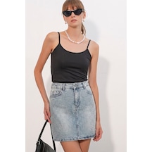 Hiccup Bdart Yüksek Bel Puantiyeli Denim Mini Etek Mavi