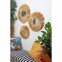 My Golden Beauty Woodda Dekoratif Aynalı Rafya Duvar Süsü Bohemian Style 3 Adet 45 Cm