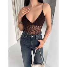 Modi Green Dantel Detaylı Derin Dekolte Body Şık Kolsuz Yazlık Bodysuit - Kahverengi