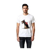 Paybuy Erkek Döberman Köpek Kafatası Maskeli Baskılı Tişört %100 Pamuk R Beyaz