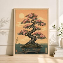 Japon Çiçek Açmış Bonsai Ağacı Sanat Baskısı, Vintage Botanik Oryantal Duvar Dekoru