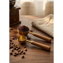 Ahşap Saplı Gold Ölçü Kaşığı Takımı - 2'li Kahve Ölçüm Kaşığı - 30 + 60 Ml