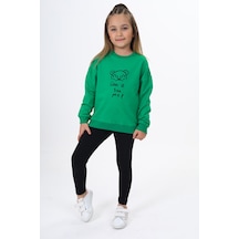 Toontoy Kids Toontoy Kız Çocuk 2'li Takım Baskılı Bisiklet Yaka Düşük Omuz Sweatshirt & Basic Düz Tayt Çimen Yeşili