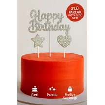 Happy Birthday Taşlı Pasta Süsü 3 Lü Set Gümüş Kalp Ve Yıldızlı Işıltılı Doğum Günü Dekoru