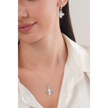 Tmt Silver Gümüş Yonca Lazer Kesim Kalem İşlemeli Kolye Küpe Set