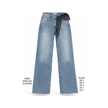 Miss Poem Kadın Buz Mavi Fularlı Yüksek Bel Wide Leg Jean Pantolon