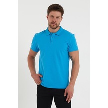 Erkek Regular Fit Polo Yaka Nakışlı T-shirt Mavi