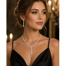 Lumière Damla Kadın Abiye Taşlı Kolye Küpe Seti Gümüş Renk Y Model Damla Taşlı Renkli