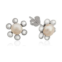 Gümüş İnci Çiçek Çivili Küpe Gümüş