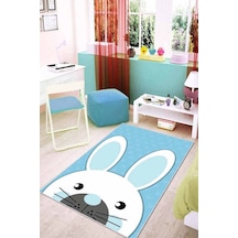 Mavi Yıkanabilir Kaymaz Tabanlı Tavşanlı Bebek Halısı Kd04n11