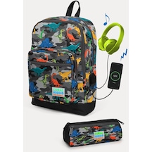 Coral High Kids Koyu Gri Siyah Kamuflaj Dinozor Desenli Usb'li 2'li Okul Çanta Seti Set0223286