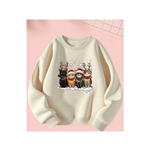 Herkesemoda Noel Kediler Baskı Detaylı Bisiklet Yaka Sweatshırt Bej