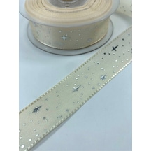 FdayAksesuar Açık Krem Yıldız Desenli Tafta Kurdele 1 Metre En 2,5 Cm FRDY24132
