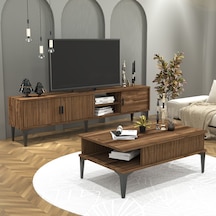 Marin Tv Ünitesi 180 Cm - Orta Sehpa Seti Çizgi Desenli Set Ceviz