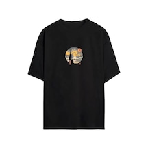 Unisex Günlük Stil Gece Siyahı Doğal Dokulu Pamuklu Oversize Tişö Siyah