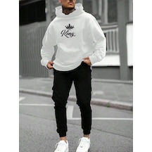 King Taç Eşofman Takımı Beyaz Sweatshirt Siyah Jogger - Baskılı Oversize Şardonlu Kapüşonlu Beyaz
