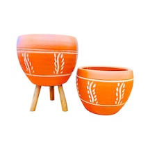 BİTKİ TASARIMI EV DEKORASYON NAKIŞ DESENLİ TERRAKOTA TOPRAK SAKSI SAKSILIK SALON ÇİÇEKLİK İKİLİ SET AYAKSIZ - 3 AYAKLI- 15 CM